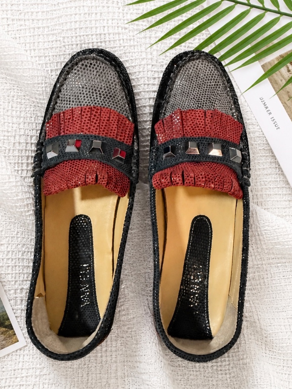 Vaneli Black and Red Studded Fringe Loafers